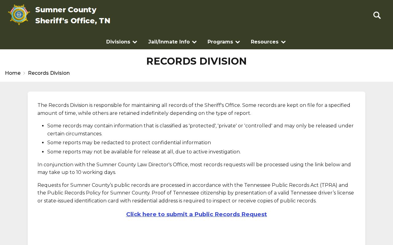 Sumner County Sheriff arrest records request information