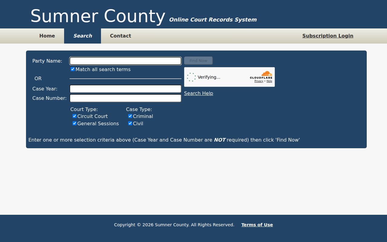Sumner County criminal court case search fields