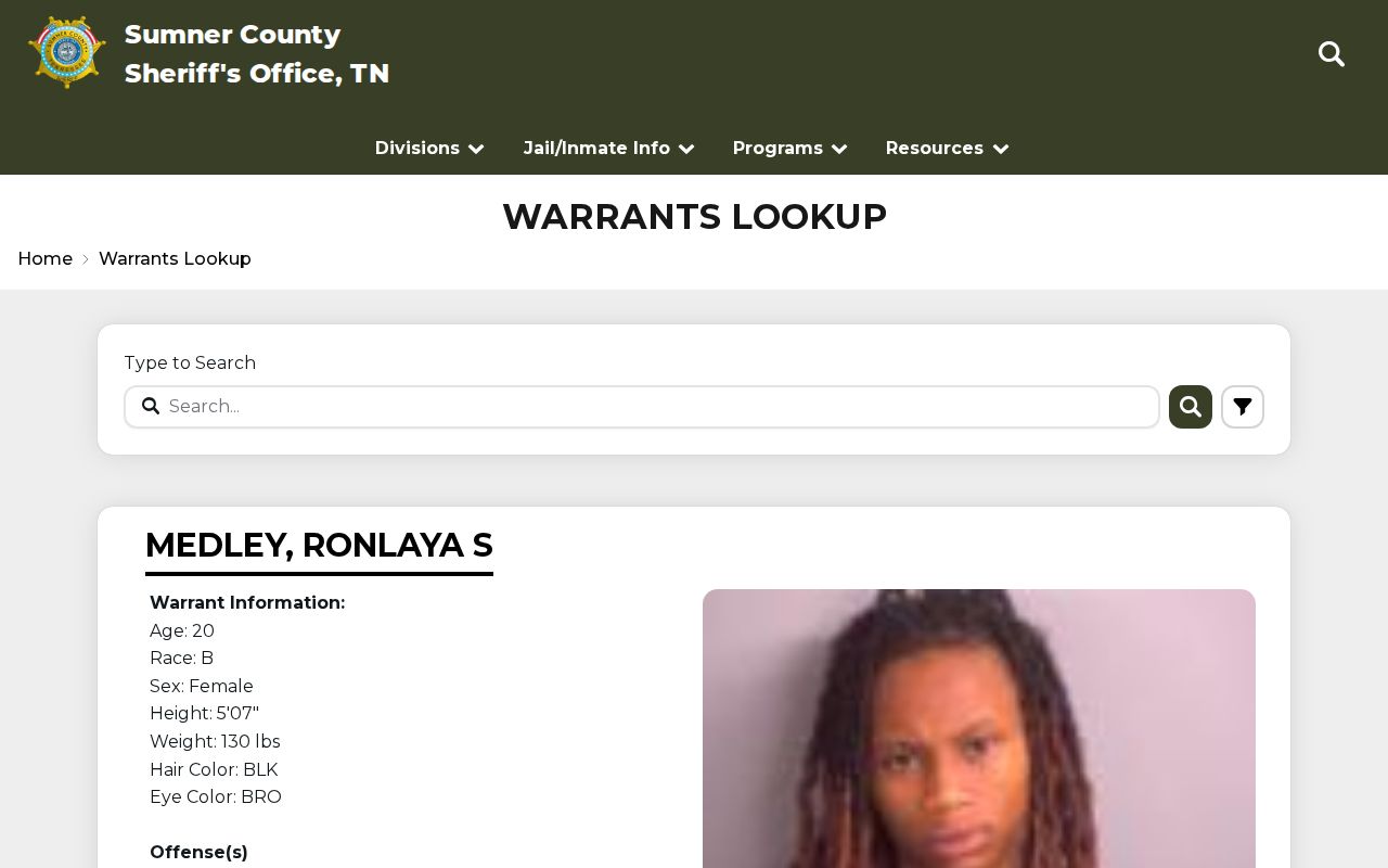 Sumner County criminal warrant record lookup interface