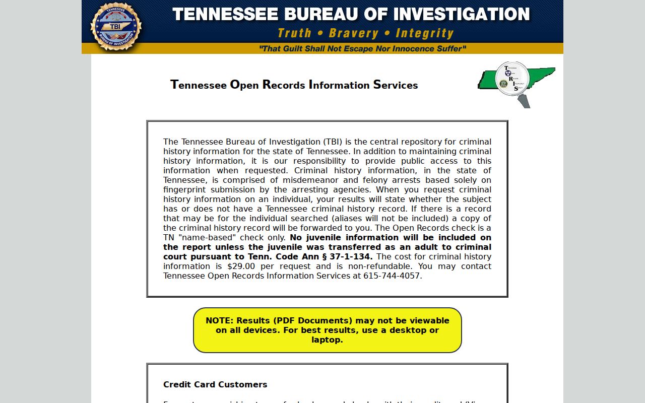 Sumner County criminal history TORIS background check landing page