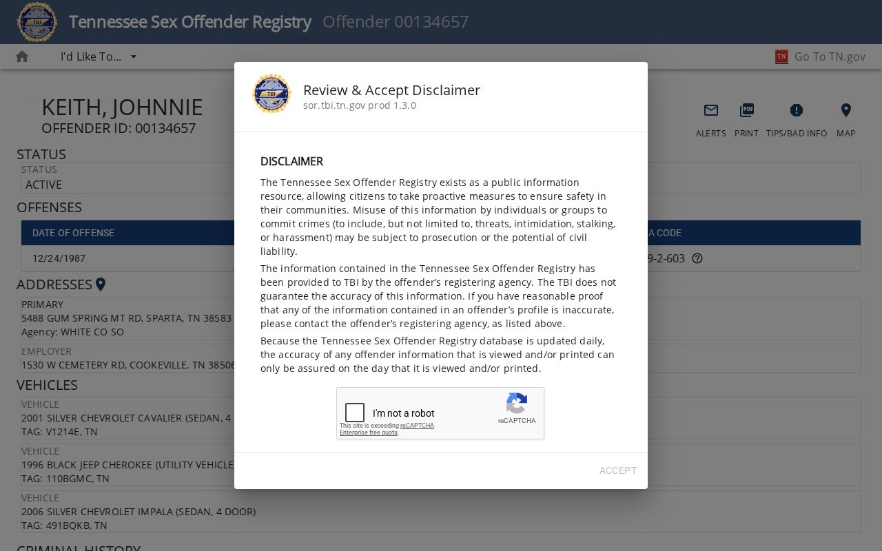 Sumner County sex offender registry disclaimer and profile interface